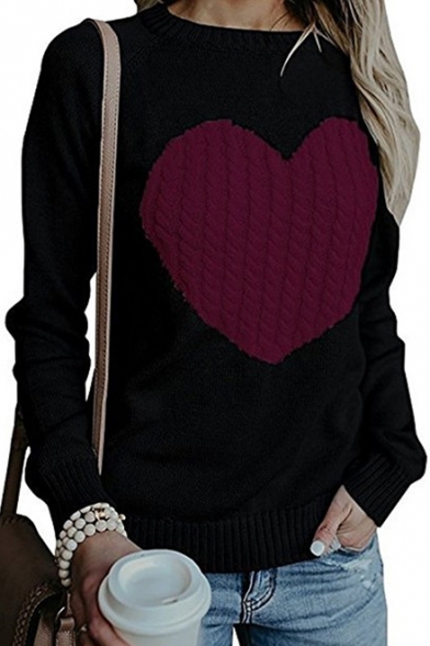 Heart Pattern Round Neck Long Sleeve Rib Knit Trim Leisure Sweater