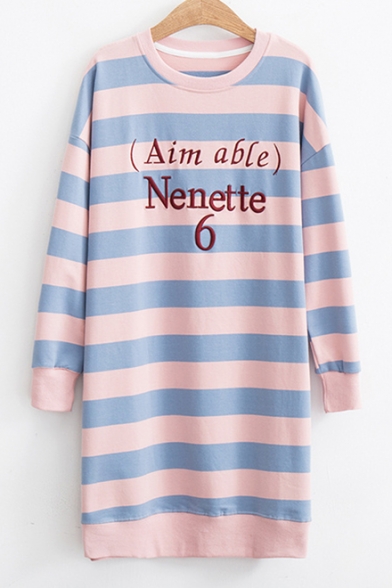 Letter Number Embroidered Color Block Striped Printed Round Neck Long Sleeve Midi Shift Dress