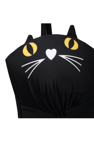 Lovely Cat Printed Halter Top with High Waist Bottom Bikini