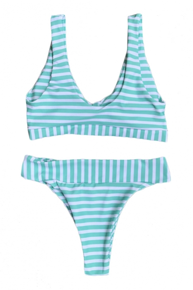 Striped Printed Sleeveless Knotted Front Beach Bikini