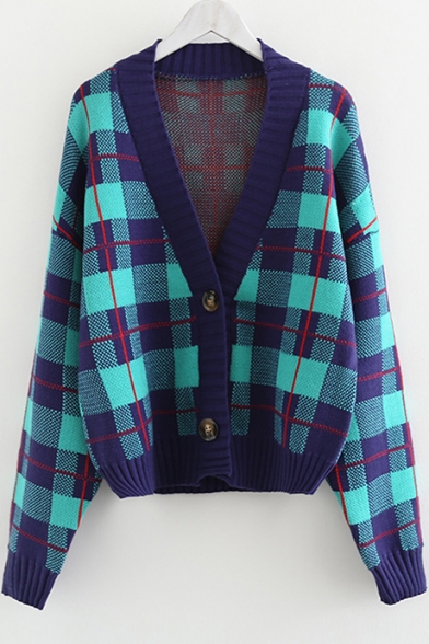 V Neck Double Buttons Plaid Printed Long Sleeve Cardigan