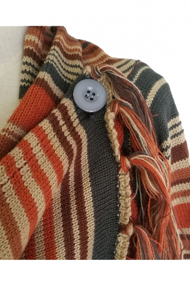 Waterfall Collar Long Sleeve Tassel Embellished Striped Printed Tunic Asymmetrical Hem Cardigan