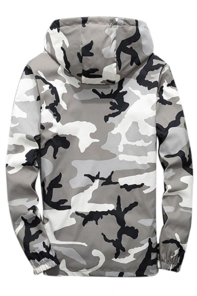 Zip Up Long Sleeve Camouflage Printed Hooded Jacket
