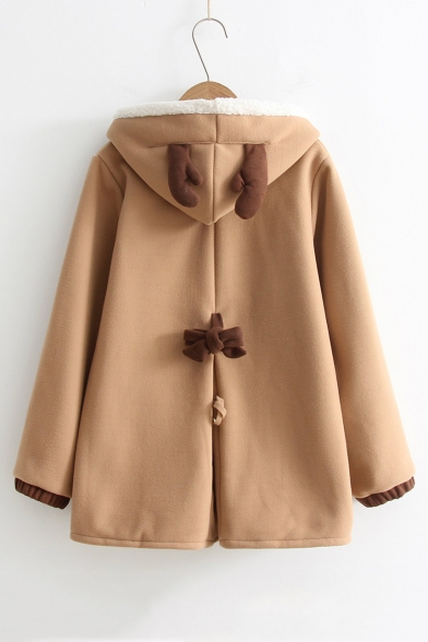 Antlers Pattern Hood Button Front Long Sleeve Applique Hooded Tunic Coat