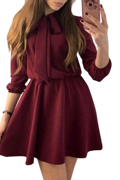 

Bow Tie Collared Long Sleeve Plain Elastic Waist Mini A-Line Dress, Burgundy;dark green;pink;gray