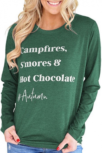 Campfires Letter Printed Round Neck Long Sleeve T-Shirt