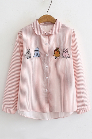 Cartoon Embroidered Striped Printed Long Sleeve Lapel Collar Button Front Shirt