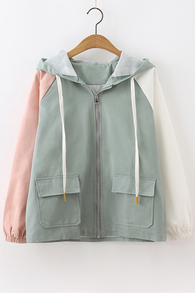 Color Block Long Sleeve Zip Up Hooded Jacket with Flap Pockets