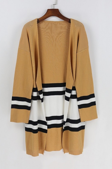 Color Block Striped Printed Collarless Open Front Tunic Cardigan