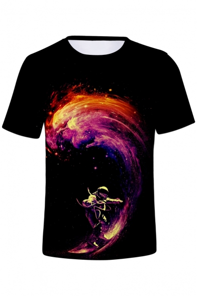 Fancy Galaxy Astronaut Printed Round Neck Short Sleeve T-Shirt