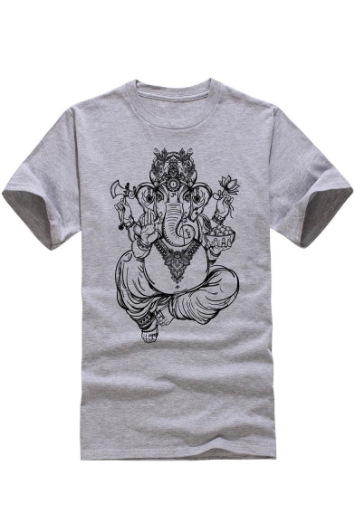 Floral Elephant Printed Round Neck Short Sleeve T-Shirt