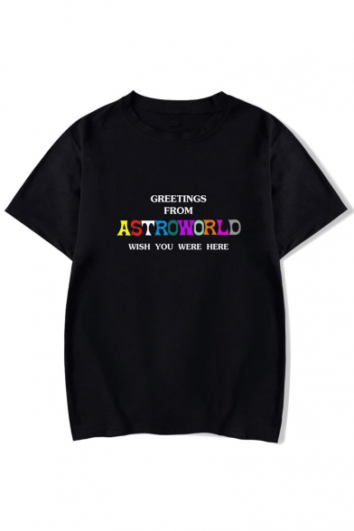 GREETING Letter Printed Round Neck Short Sleeve T-Shirt