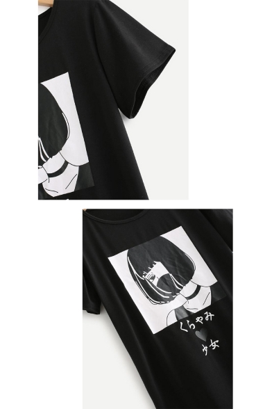 Japanese Cartoon Girl Printed Round Neck Short Sleeve T-Shirt