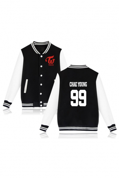 Kpop Twice Korean Star Letter Graphic Printed Color Block Contrast Striped Trim Button Front Baseball Jacket