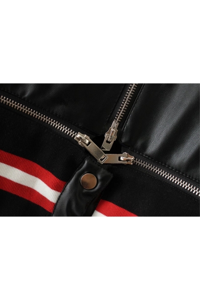 Lapel Collar Contrast Striped Rib Knit Trim Long Sleeve Zip Up Crop Leather Jacket