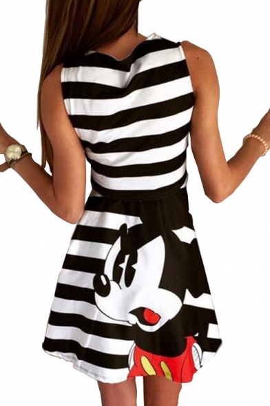 Letter Cartoon Printed Round Neck Sleeveless Striped Mini A-Line Dress
