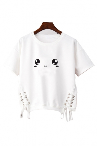 Lovely Cartoon Eye Printed Lace Up Detail Side Round Neck Short Sleeve Tee