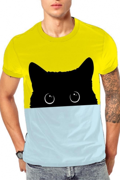 Lovely Color Block Cat Printed Short Sleeve Round Neck T-Shirt