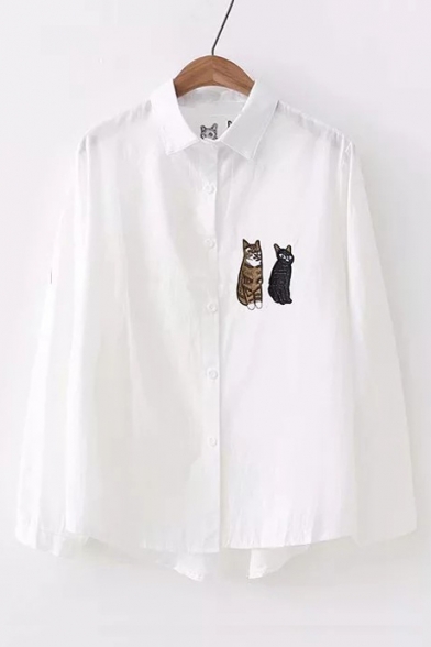 Two Cats Embroidered Button Up Long Sleeve Lapel Collar Leisure Shirt