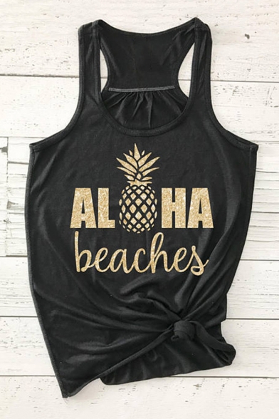 ALOHA Letter Pineapple Printed Round Neck Sleeveless Tank