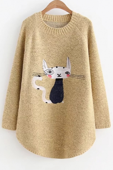Cartoon Cat Embroidered Long Sleeve Round Neck Warm Sweater