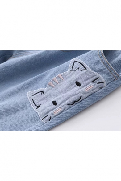 Cat Cross Embroidered Drawstring Waist Slim Straight Jeans