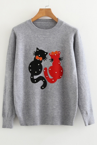 Cat Printed Pearl Embellished Round Neck Long Sleeve Sweater