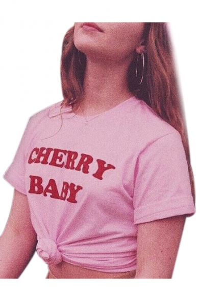 CHERRY BABY Letter Printed Round Neck Short Sleeve T-Shirt