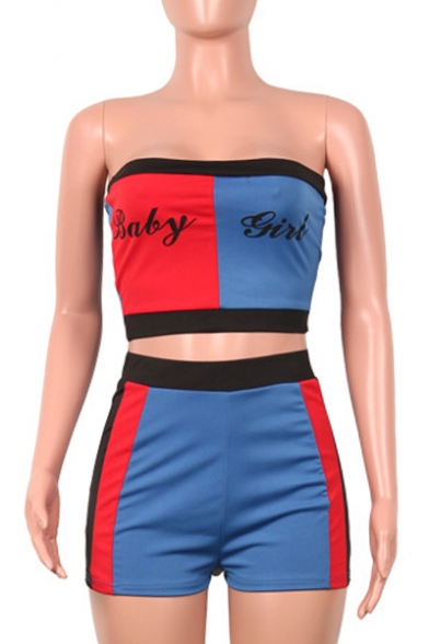 Color Block Letter Printed Strapless Sleeveless Crop Skinny Bandeau with High Waist Skinny Shorts Co-ords