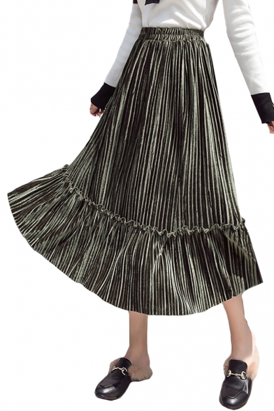 Elastic Waist Pleated Ruffle Detail Plain Velvet Maxi A-Line Skirt