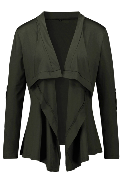 Elbow Patched Long Sleeve Collarless Open Front Asymmetric Jacket