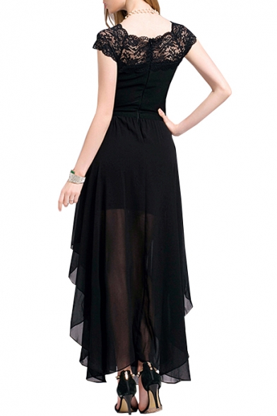 Elegant Lace Insert Round Neck Short Sleeve Maxi A-Line Dress