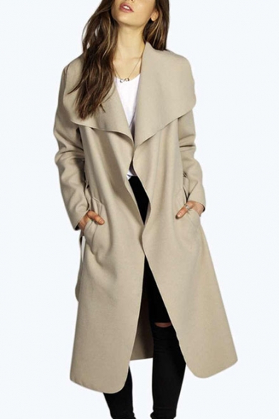 Lapel Collar Long Sleeve Tunic Trench Coat with Belt