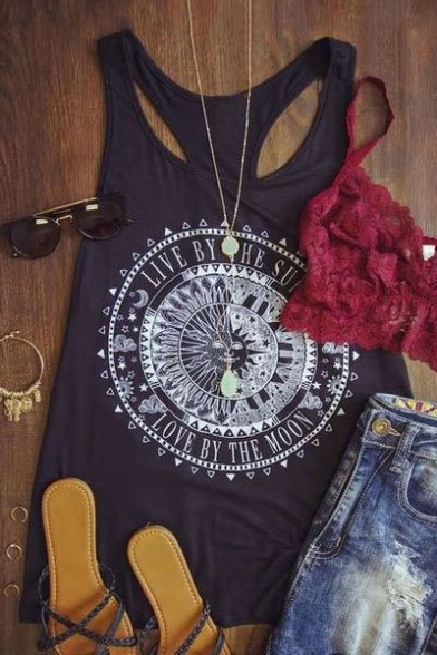 

LIVE BY THE SUN Letter Graphic Printed Round Neck Sleeveless Tank, LC481436, Black;white