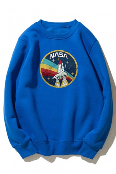 Cool Rocket Letter Nasa Pattern Crew Neck Long Sleeve Relaxed Fitted Graphic Pullover Sweatshirt