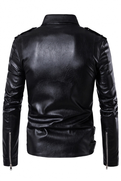 Notched Lapel Collar Long Sleeve Plain Offset Zip Closure Leather Jacket
