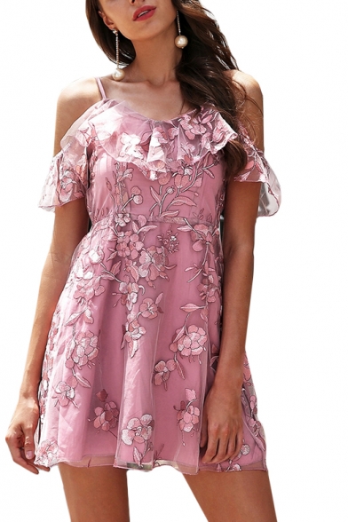 Off The Shoulder Floral Embroidered Organza Insert Mini A-Line Dress