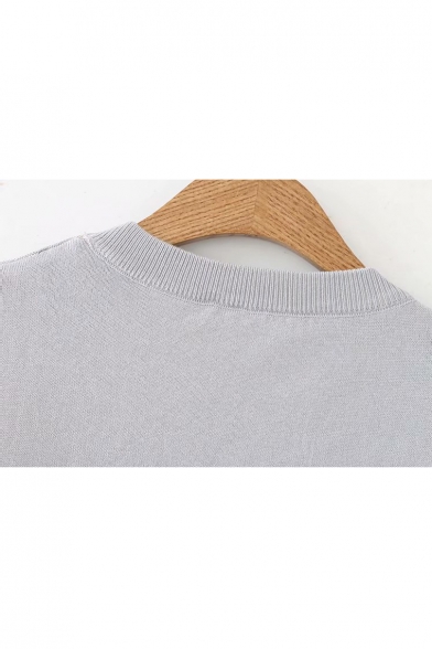 Round Neck 3/4 Length Sleeve Plain Tunic Sweater