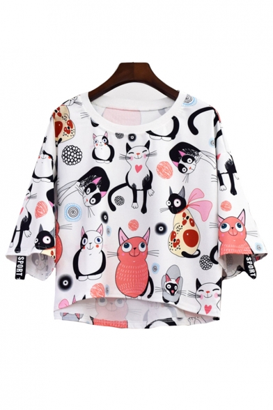 Round Neck Cat All Over Printed Short Sleeve Crop Tee