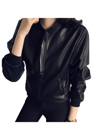 Stand Up Collar Long Sleeve Zip Up Plain Leather Jacket