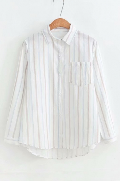 Striped Printed Lapel Collar Long Sleeve Button Down Casual Shirt