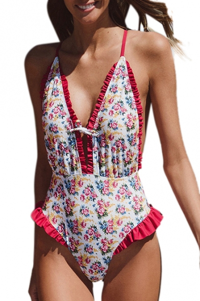 Summer Collection Floral Printed Spaghetti Straps Sleeveless One Pieces Swimwear