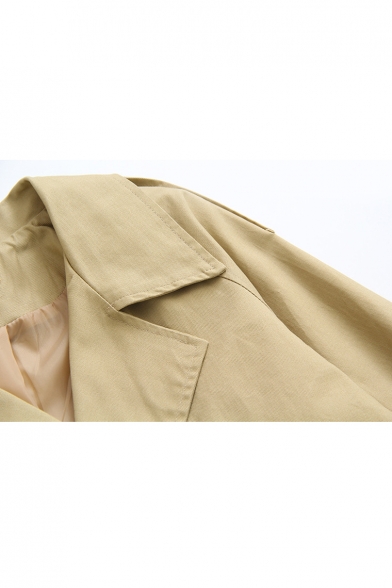 Trendy Plain Notched Lapel Collar Long Sleeve Self Tie Waist Tunic Dust Coat