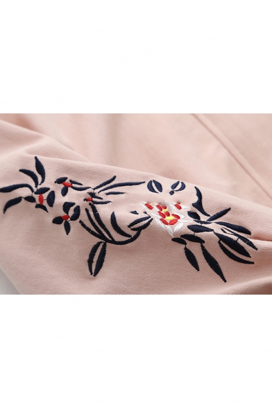 Zip Up Long Sleeve Floral Embroidered Loose Hooded Coat