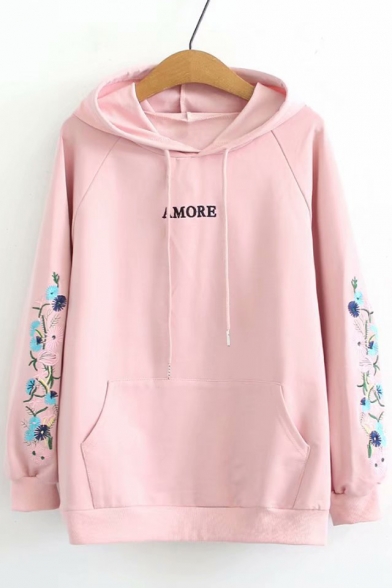 AMORE Letter Floral Embroidered Long Sleeve Casual Hoodie