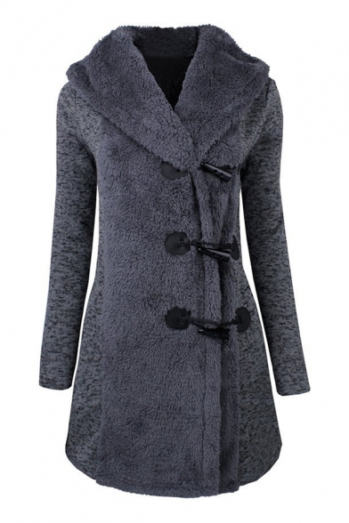 Button Closure Long Sleeve Patchwork Winter Warm Tunic Hooded Coat