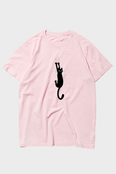 Cartoon Cat Printed Short Sleeve Round Neck T-Shirt
