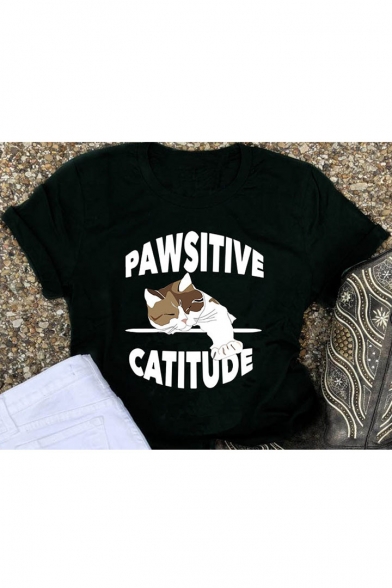 Cartoon Letter Cat Printed Short Sleeve Round Neck Leisure T-Shirt