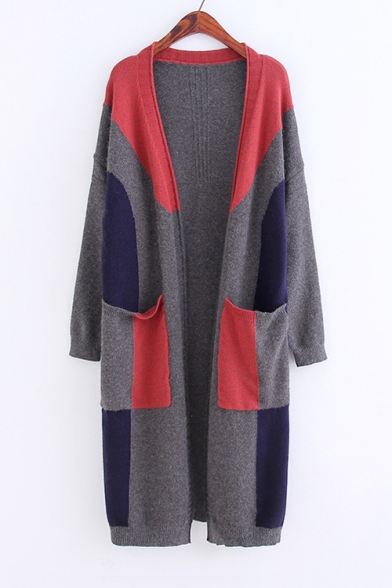 Color Block Long Sleeve Collarless Tunic Knit Cardigan with Pockets