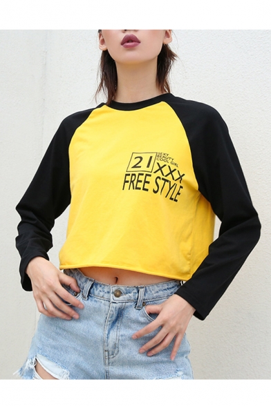 Color Block Round Neck Letter Printed Long Sleeve Crop T-Shirt